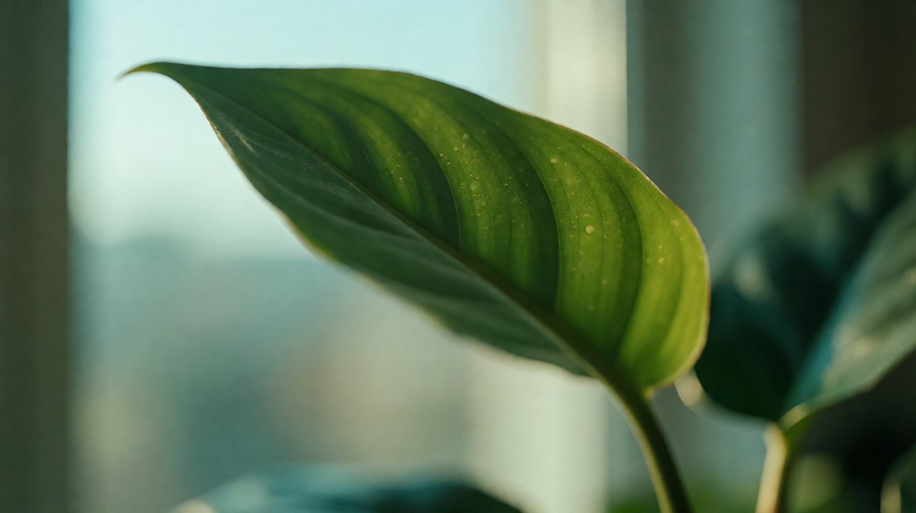 houseplant leaf in warm window light with sticky droplets
