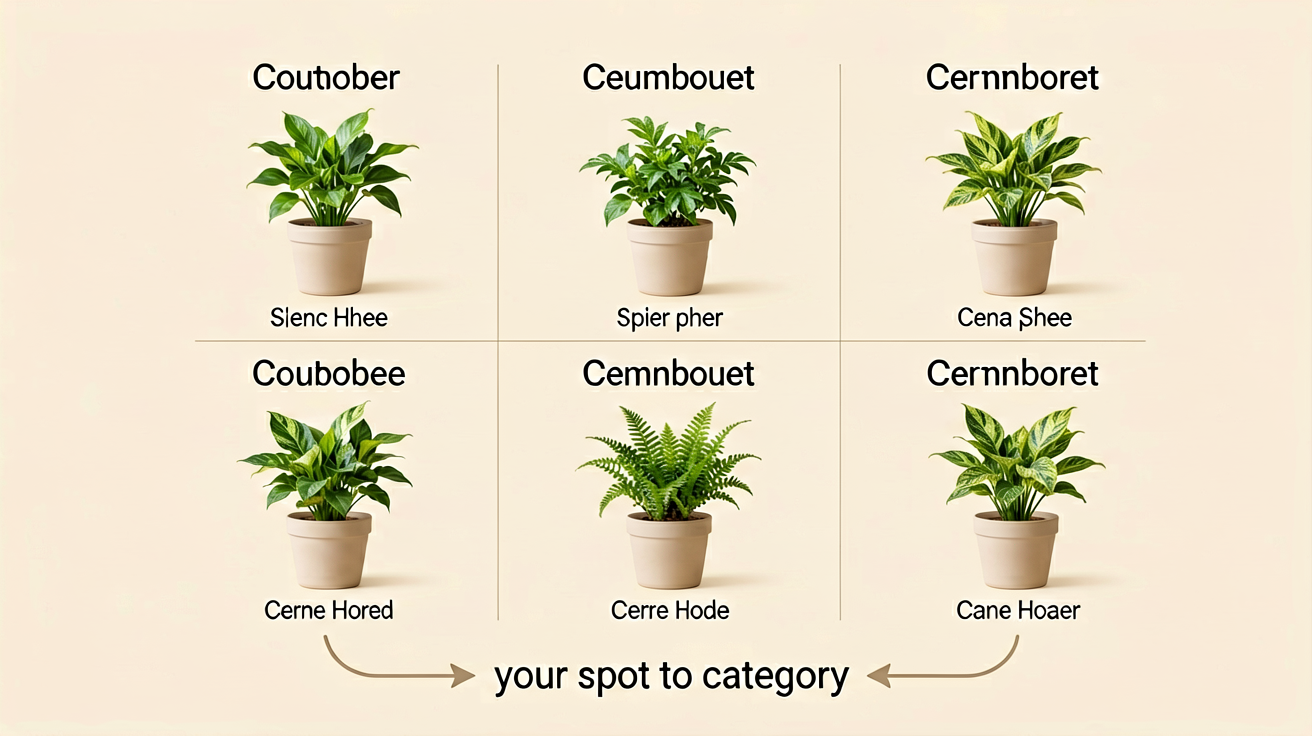 Eight houseplant category tiles laid out on a wooden tray showing low light, pet-safe, beginner, humidity-loving, trailing, flowering, fern, and succulent categories