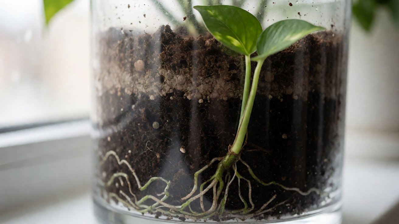 Cross-section of a clear glass pot showing soil moisture layers with pothos roots