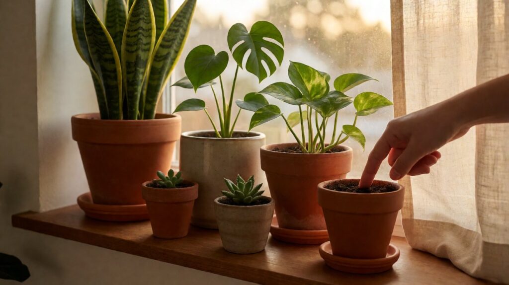 Row of houseplants on a wooden windowsill with a hand pressing the surface of finger into the soil of one terracotta pot
