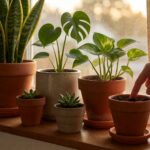 Row of houseplants on a wooden windowsill with a hand pressing the surface of finger into the soil of one terracotta pot
