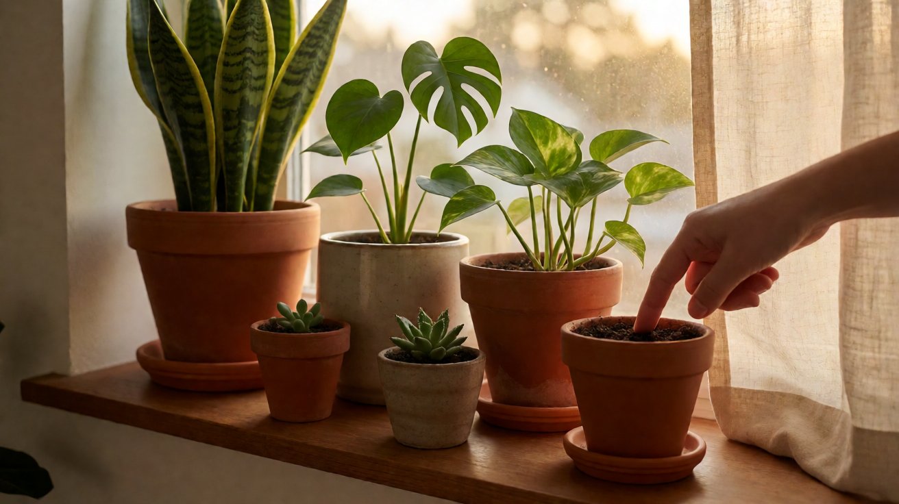 Row of houseplants on a wooden windowsill with a hand pressing the surface of finger into the soil of one terracotta pot