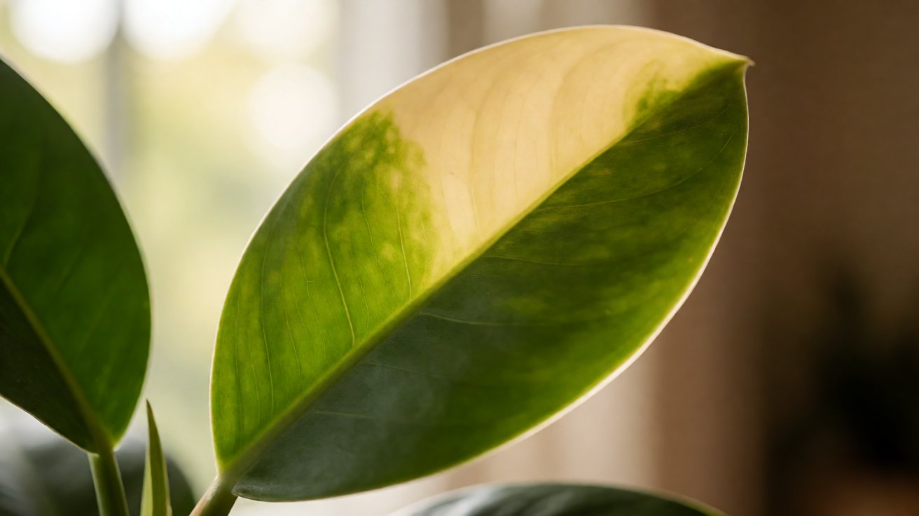 Single houseplant leaf transitioning from green to pale yellow showing the diagnostic pattern of chlorophyll breakdown