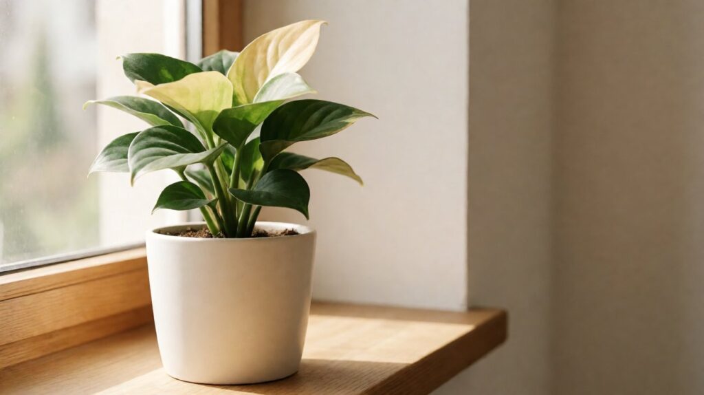Houseplant in white ceramic pot on sunlit windowsill, with 2 to 3 leaves showing soft pale yellow among vibrant green leaves, illustrating a yellowing houseplant diagnosis