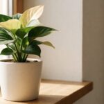 Houseplant in white ceramic pot on sunlit windowsill, with 2 to 3 leaves showing soft pale yellow among vibrant green leaves, illustrating a yellowing houseplant diagnosis