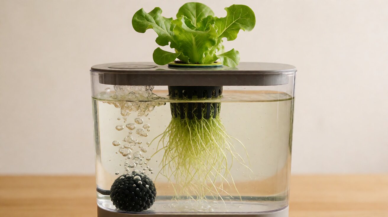 Hydroponic reservoir with nutrient solution and visible plant roots