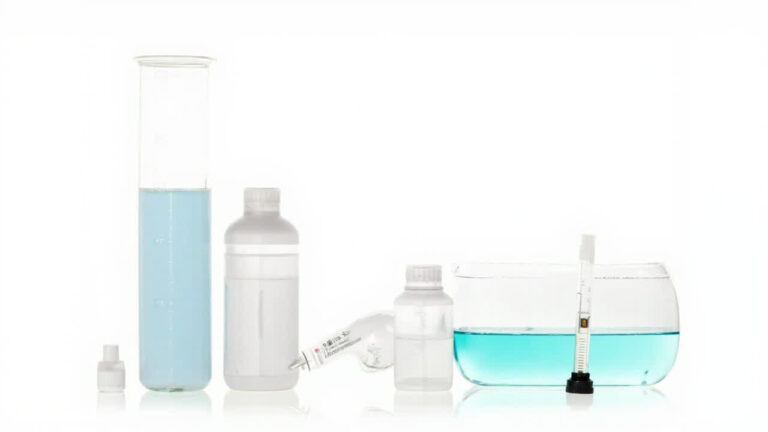 Clean hydroponic nutrient mixing setup with bottles, measuring cylinder, pH meter and light blue nutrient solution in a clear reservoir