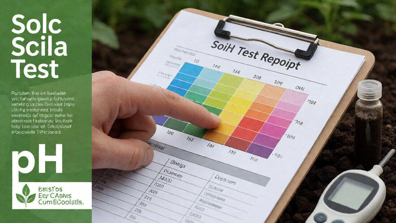 Sample soil test report with pH, nutrient panel, sufficiency ratings, and recommendation line annotated for a home garden
