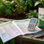 A soil test report on a garden bench beside a pH meter and a small bag of 10-10-10 fertilizer