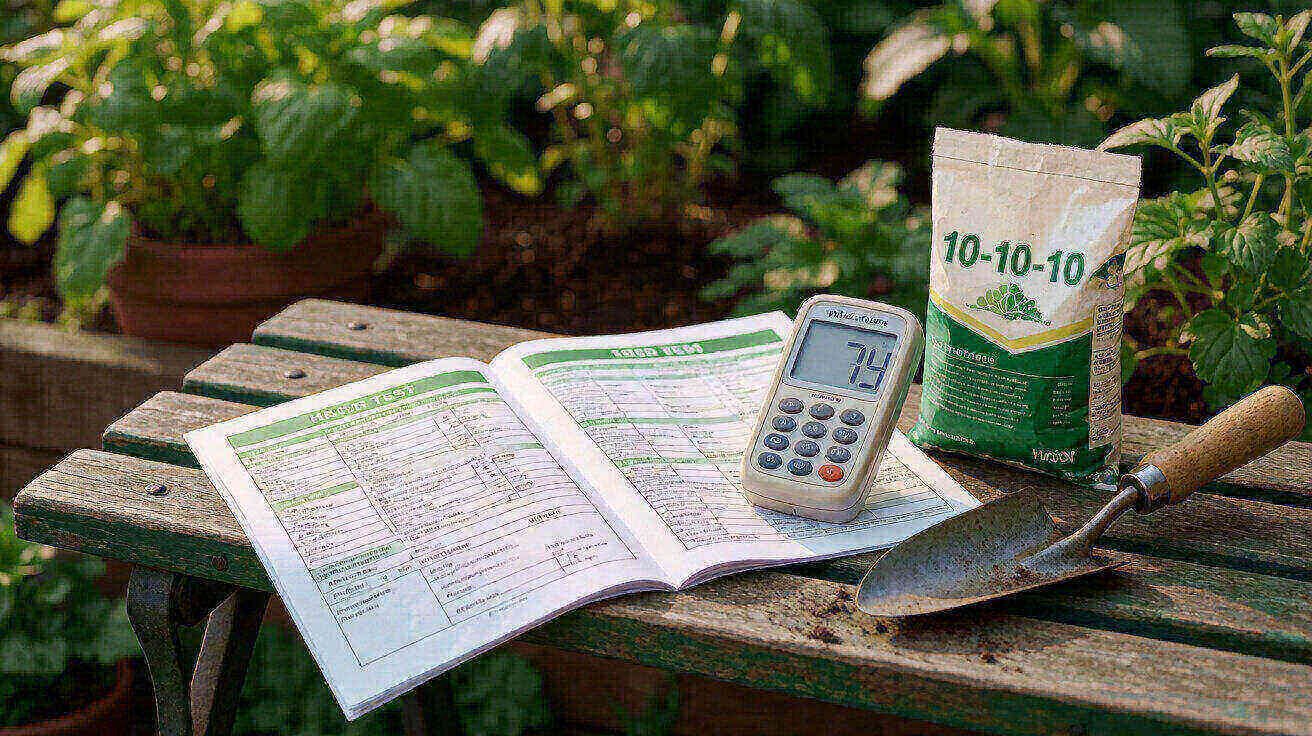 A soil test report on a garden bench beside a pH meter and a small bag of 10-10-10 fertilizer