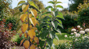 Garden plant showing yellowing older leaves beside healthy green leaves