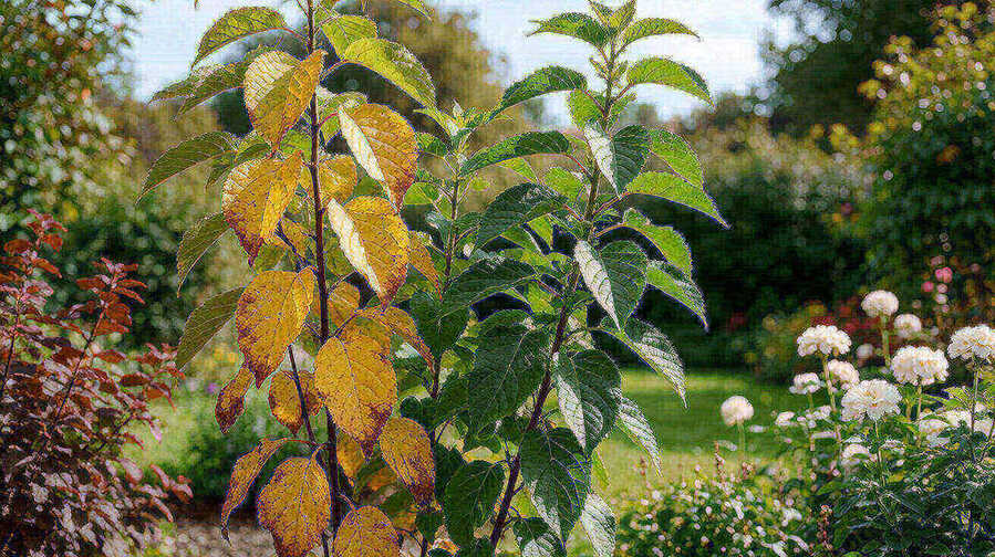 Garden plant showing yellowing older leaves beside healthy green leaves