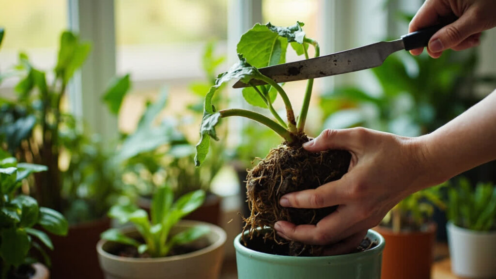 Person rescuing a drooping houseplant with a trowel, with healthy plants nearby