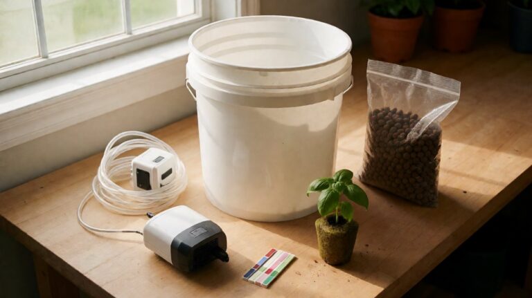 how to start a hydroponic farm at home - beginner setup parts laid out on a wood workbench