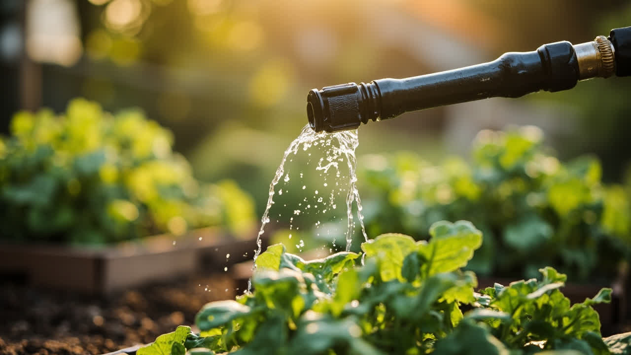 garden hose watering vegetable garden beds slowly at the base