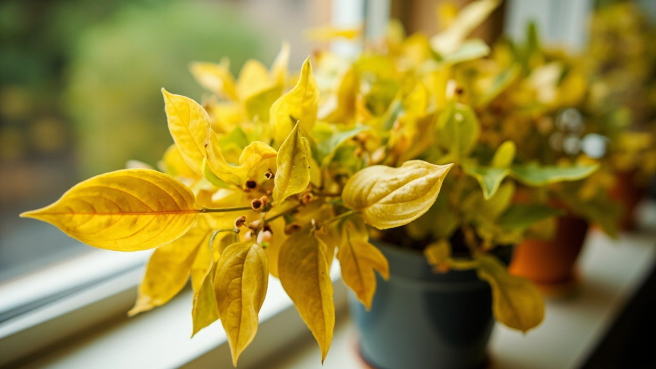 Hoya plant with yellowing lower leaves, warm backlight problem mood