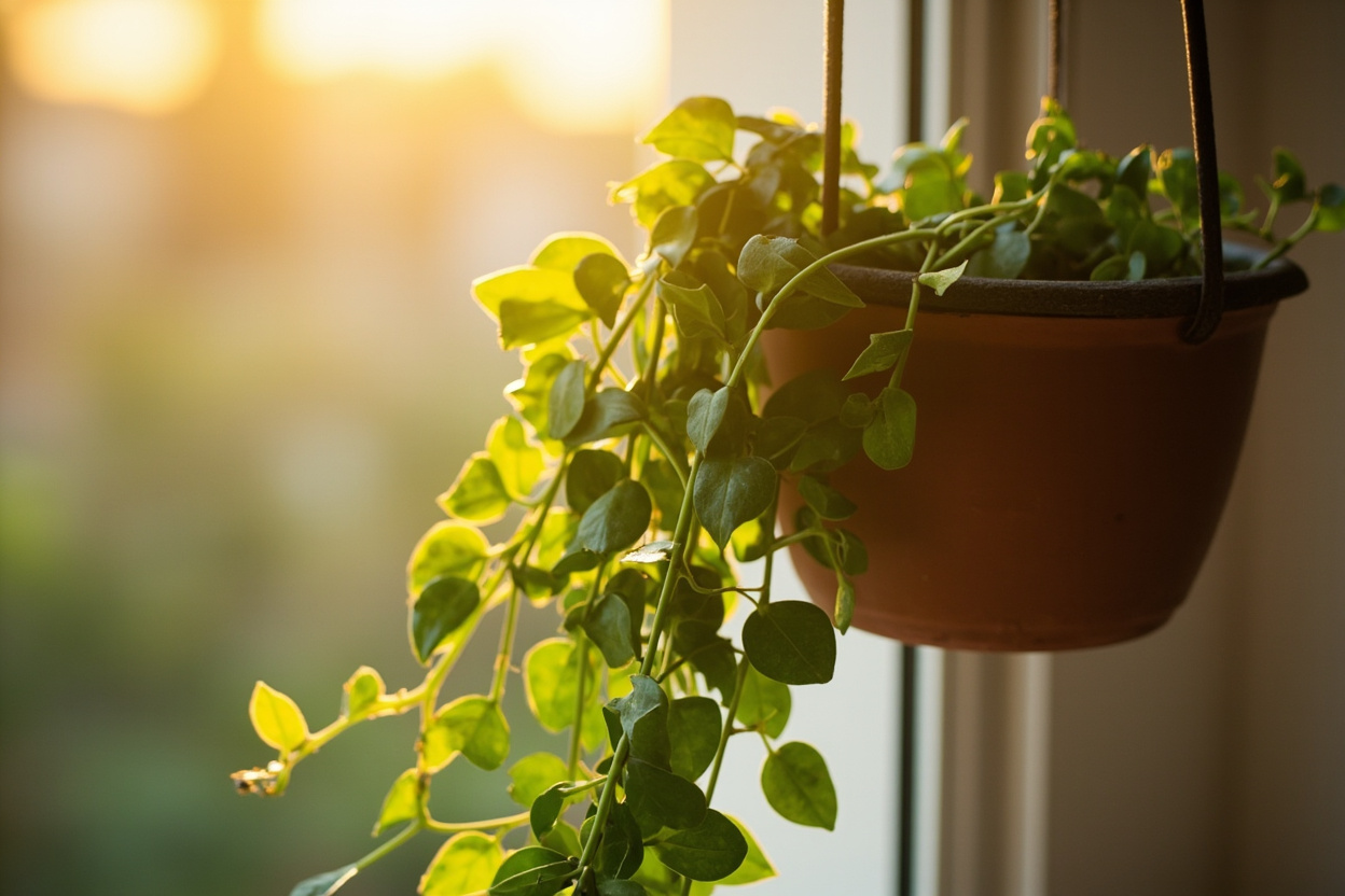 Hoya carnosa trailing from a hanging planter, waxy leaves catching warm golden hour light, editorial botanical photography style