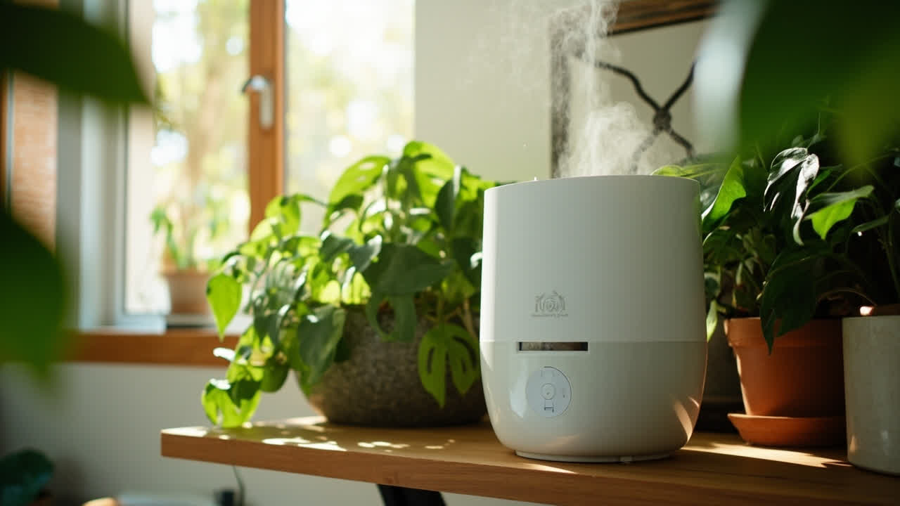 humidifier near tropical houseplants monstera pothos