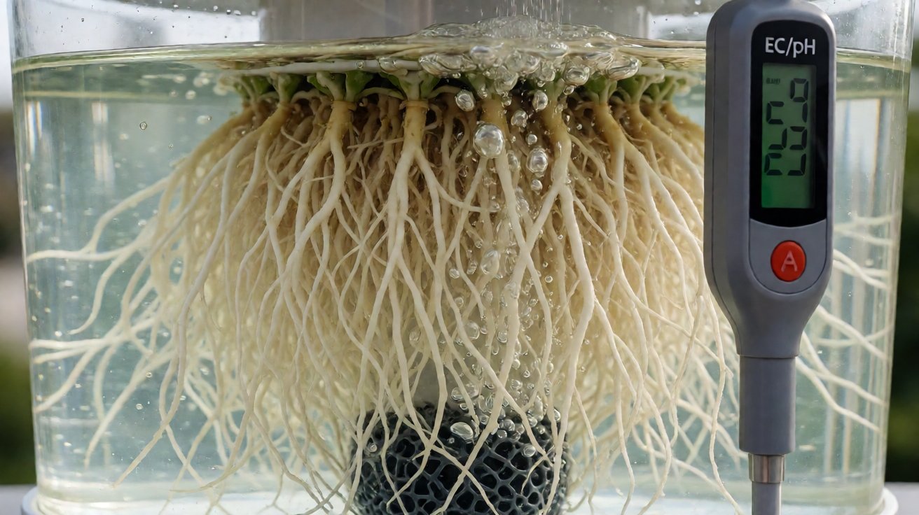 Hydroponic reservoir with digital EC and pH meter, nutrient solution, and active root zone