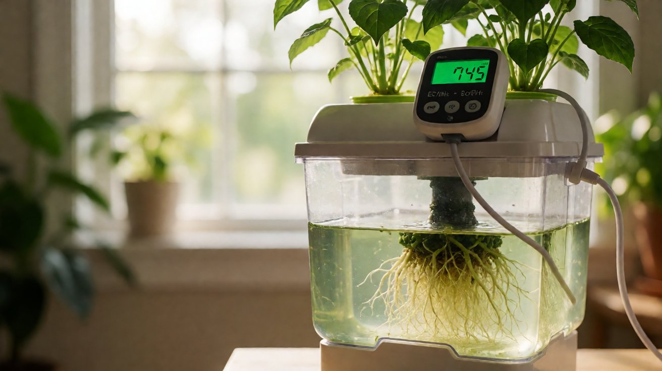 Home hydroponic reservoir with digital EC and pH meter