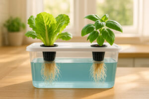 Simple deep water culture hydroponic system with lettuce and basil growing in net pots on a kitchen counter