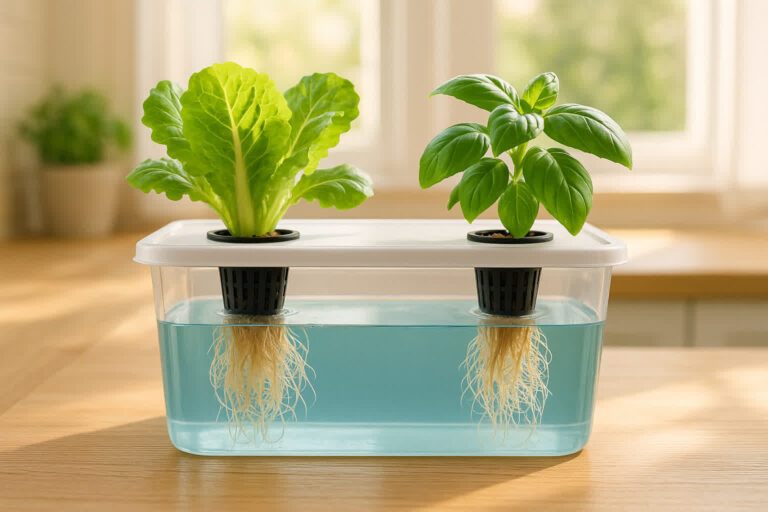 Simple deep water culture hydroponic system with lettuce and basil growing in net pots on a kitchen counter
