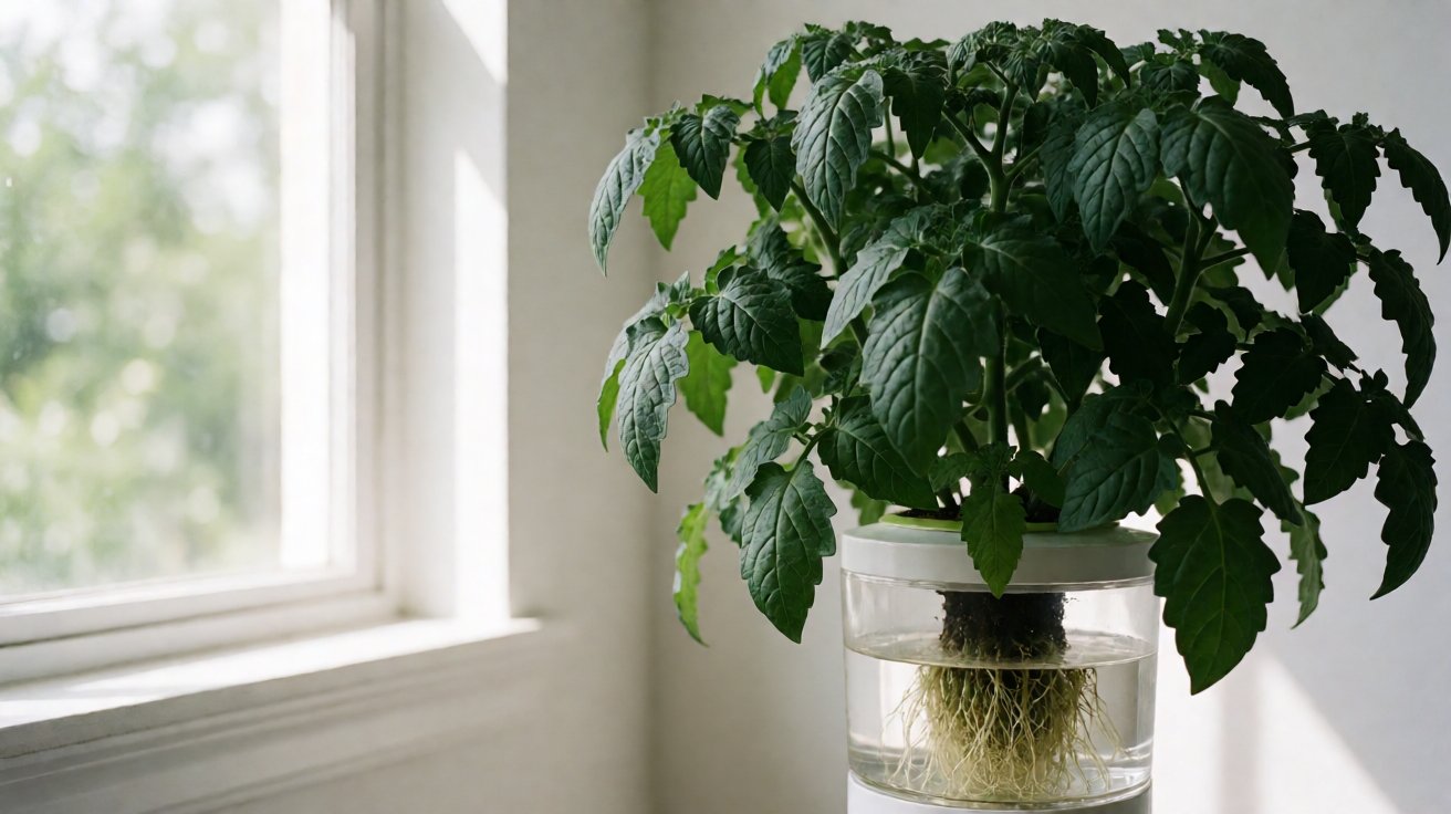 hydroponic farming advantages and disadvantages - healthy tomato plant in DWC bucket