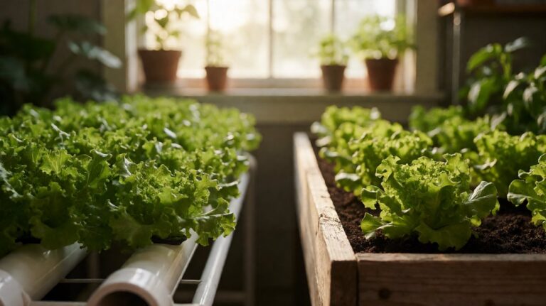 hydroponic farming advantages and disadvantages - hydroponic lettuce in PVC NFT channels compared to soil-grown lettuce