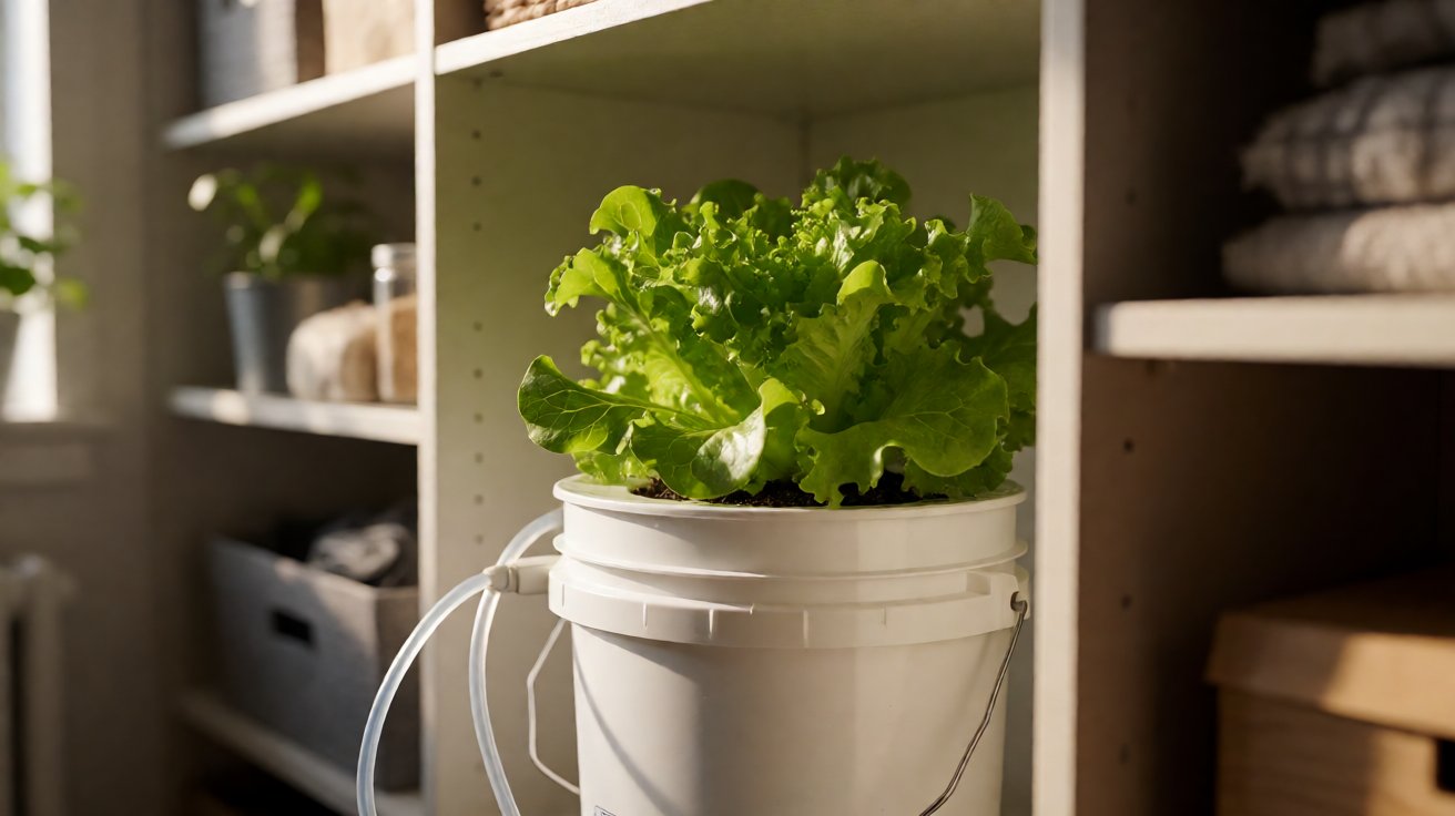 hydroponic farming at home - basil in 5-gallon DWC bucket on kitchen counter