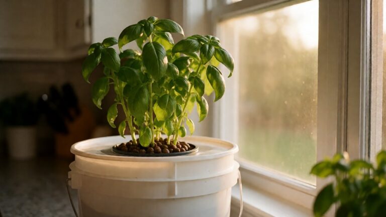 hydroponic farming at home - basil growing in a 5-gallon DWC bucket on a sunlit kitchen counter