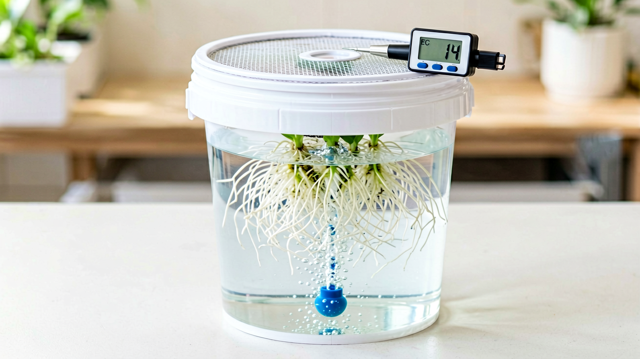 DWC hydroponic bucket with healthy white roots and EC pen