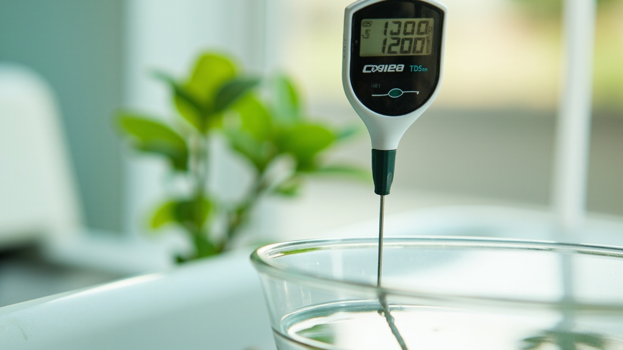 Digital TDS meter dipped into a clear hydroponic nutrient solution with a reading on the display