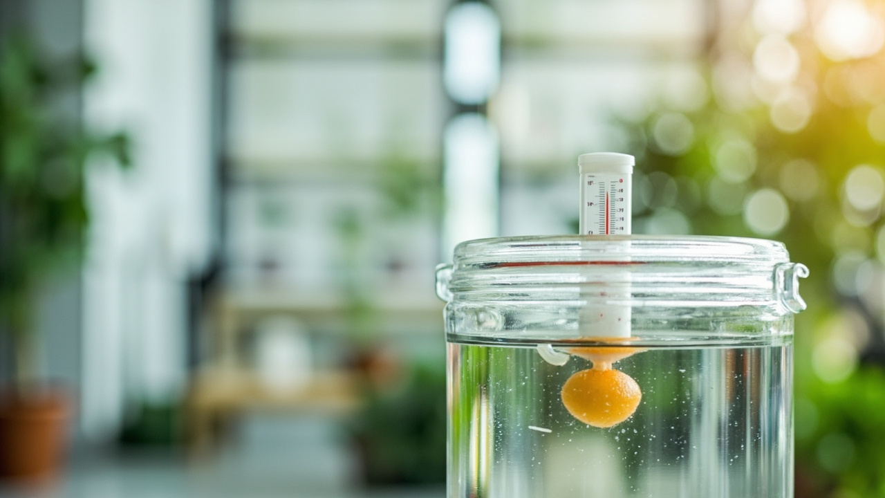 A hydroponic reservoir with a floating thermometer measuring the nutrient solution temperature in a clean grow room