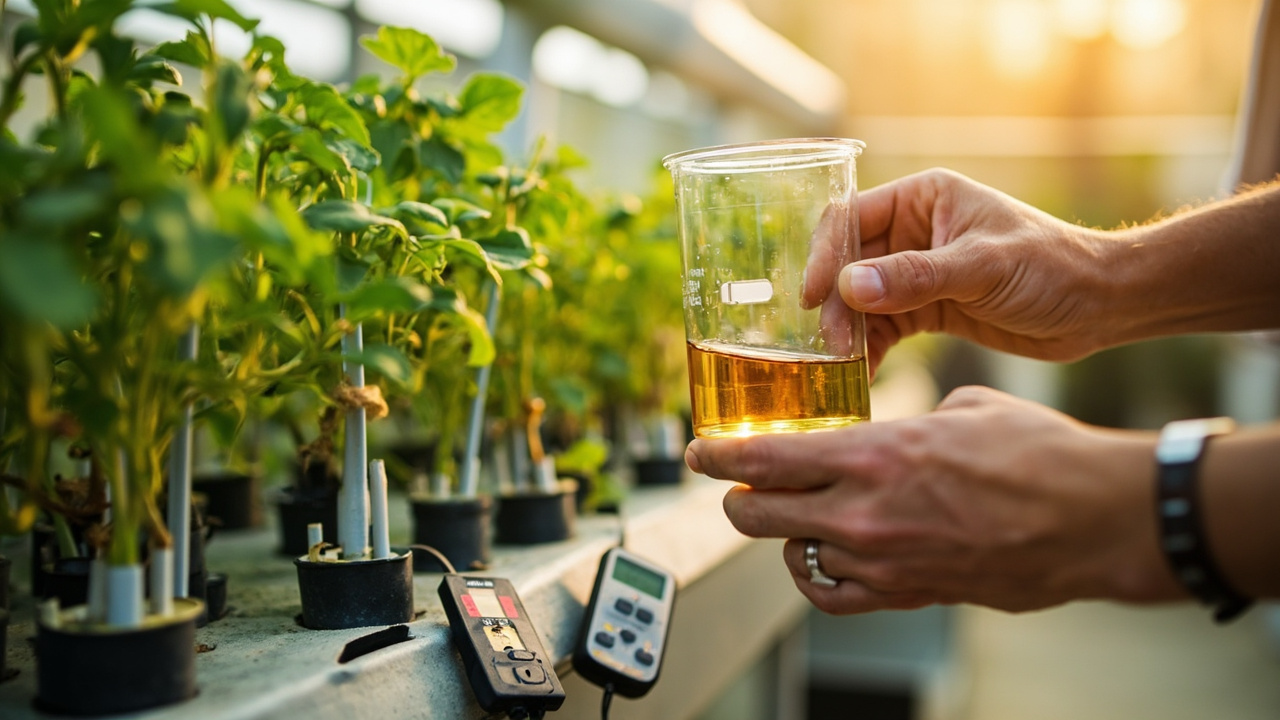 Hands holding a clear beaker of nutrient solution next to a pH meter and a hydroponic tomato plant
