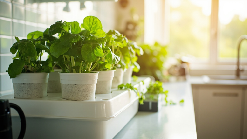 Home hydroponic DWC lettuce setup on kitchen counter in natural light