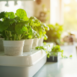 Home hydroponic DWC lettuce setup on kitchen counter in natural light