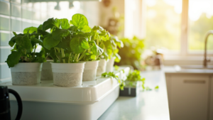 Home hydroponic DWC lettuce setup on kitchen counter in natural light