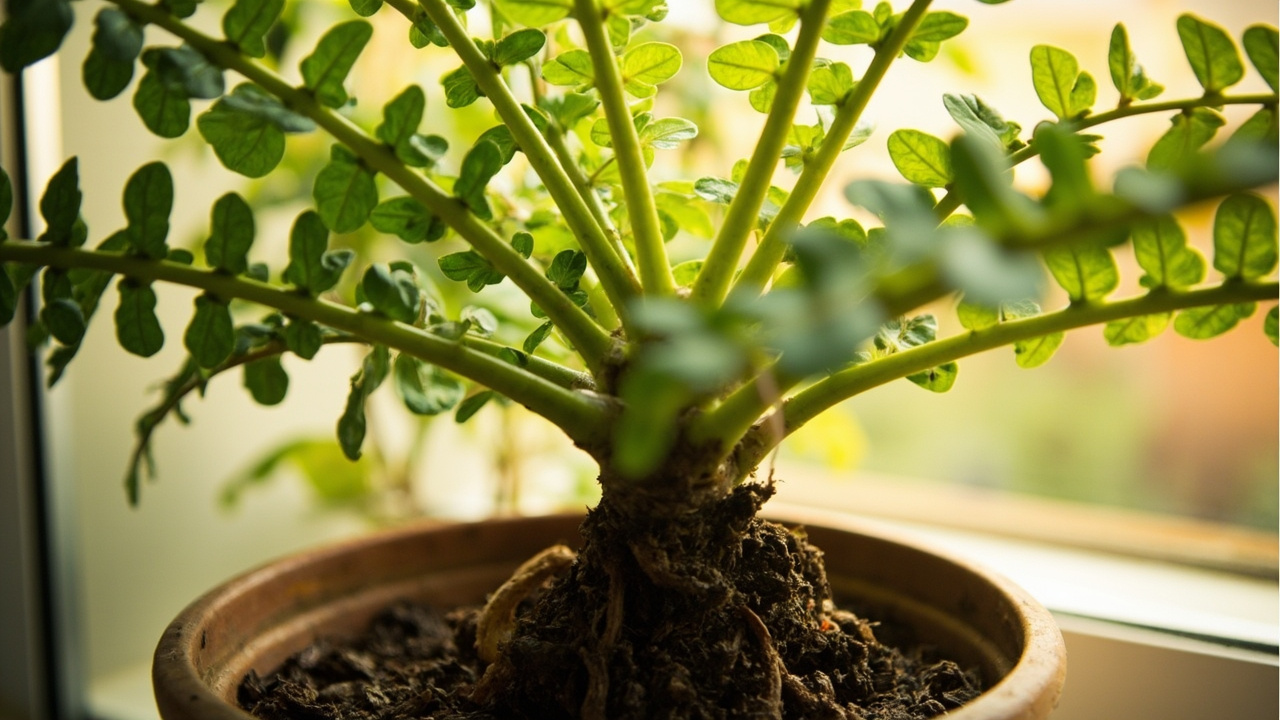 Root division of a healthy Boston fern showing new growth emerging at the base