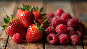 Fresh strawberries and raspberries side by side
