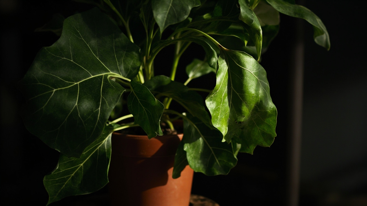 Drooping fiddle leaf fig plant showing turgor loss, large violin-shaped leaves hanging limply in terracotta pot, editorial plant photography