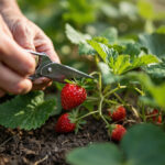 Strawberry pruning - gardener's hands cutting a runner with bypass pruners in a raised bed