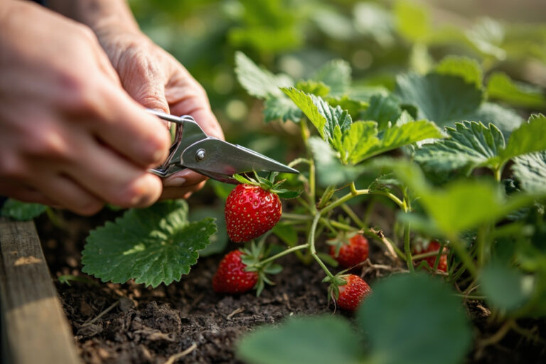 Strawberry pruning - gardener's hands cutting a runner with bypass pruners in a raised bed