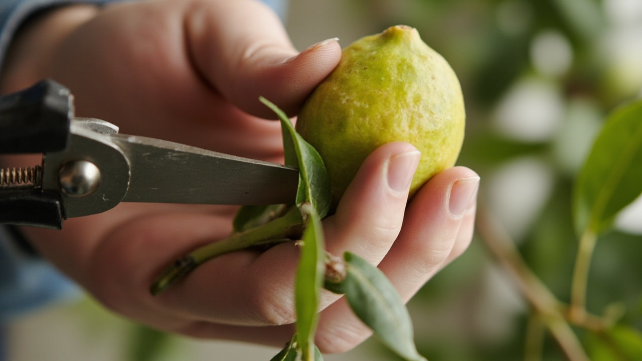 Hands using bypass secateurs on a Meyer lemon stem, clean angled cut just above an outward-facing bud at a 45-degree angle showing healthy green sapwood