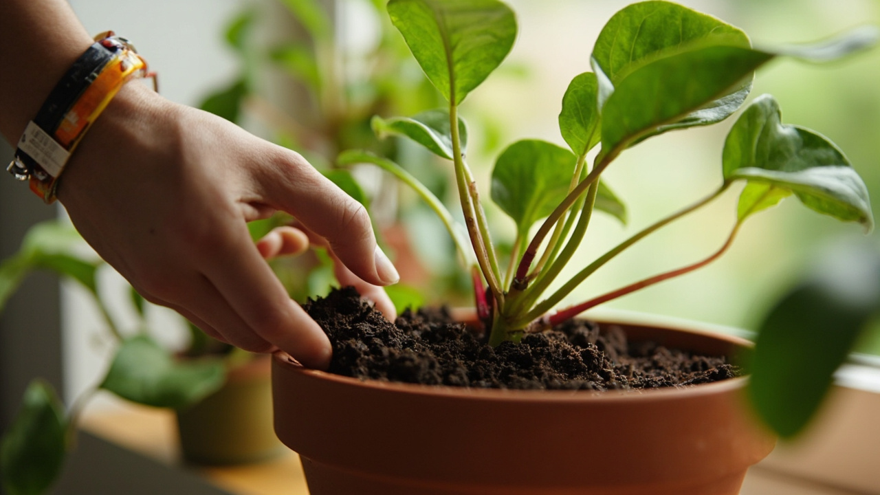 A hand testing soil moisture in a potted pothos, finger inserted about two inches into dark potting soil