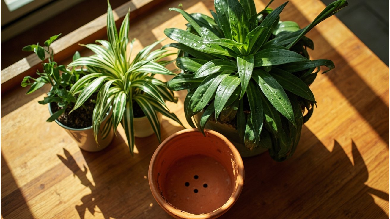Indoor plants arranged near a window with natural daylight, illustrating proper light and humidity placement