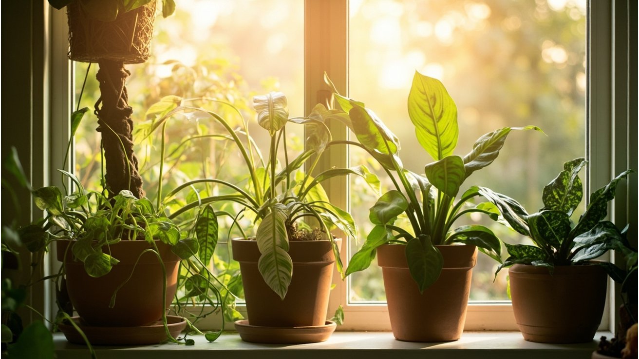 Five indoor houseplants in terracotta pots on a sunny windowsill, including a braided money tree, pothos, spider plant, jade, and calathea