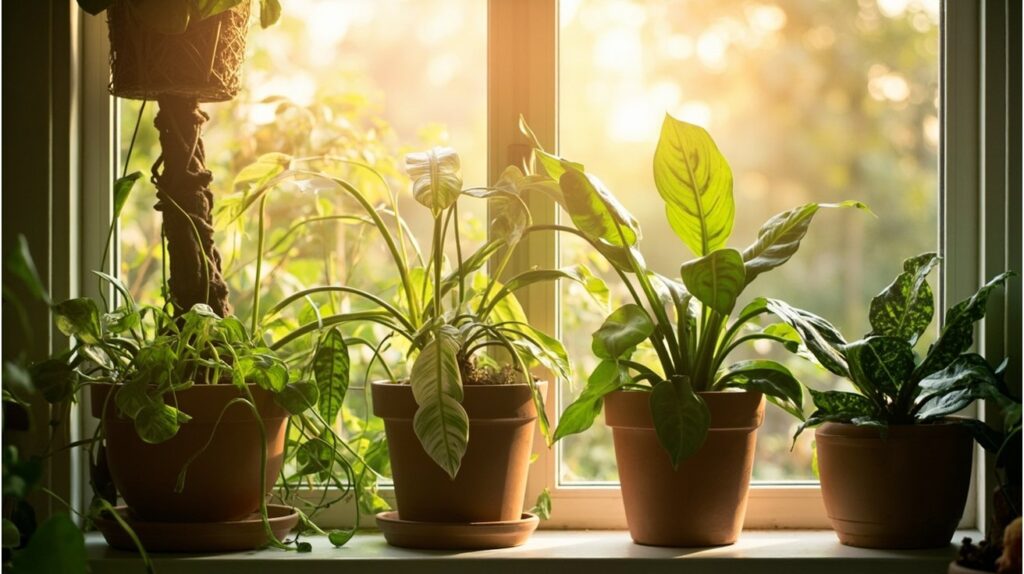 Five indoor houseplants in terracotta pots on a sunny windowsill, including a braided money tree, pothos, spider plant, jade, and calathea