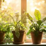 Five indoor houseplants in terracotta pots on a sunny windowsill, including a braided money tree, pothos, spider plant, jade, and calathea