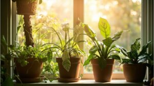 Five indoor houseplants in terracotta pots on a sunny windowsill, including a braided money tree, pothos, spider plant, jade, and calathea