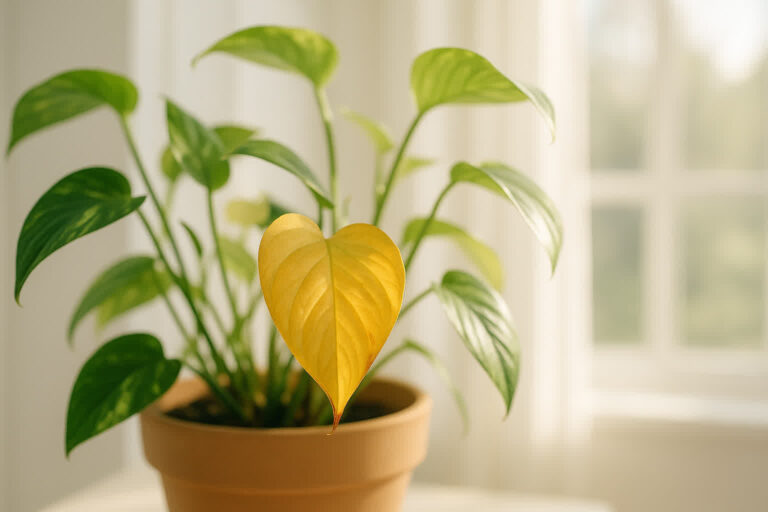 Indoor plant leaves turning yellow due to overwatering and nutrient deficiency